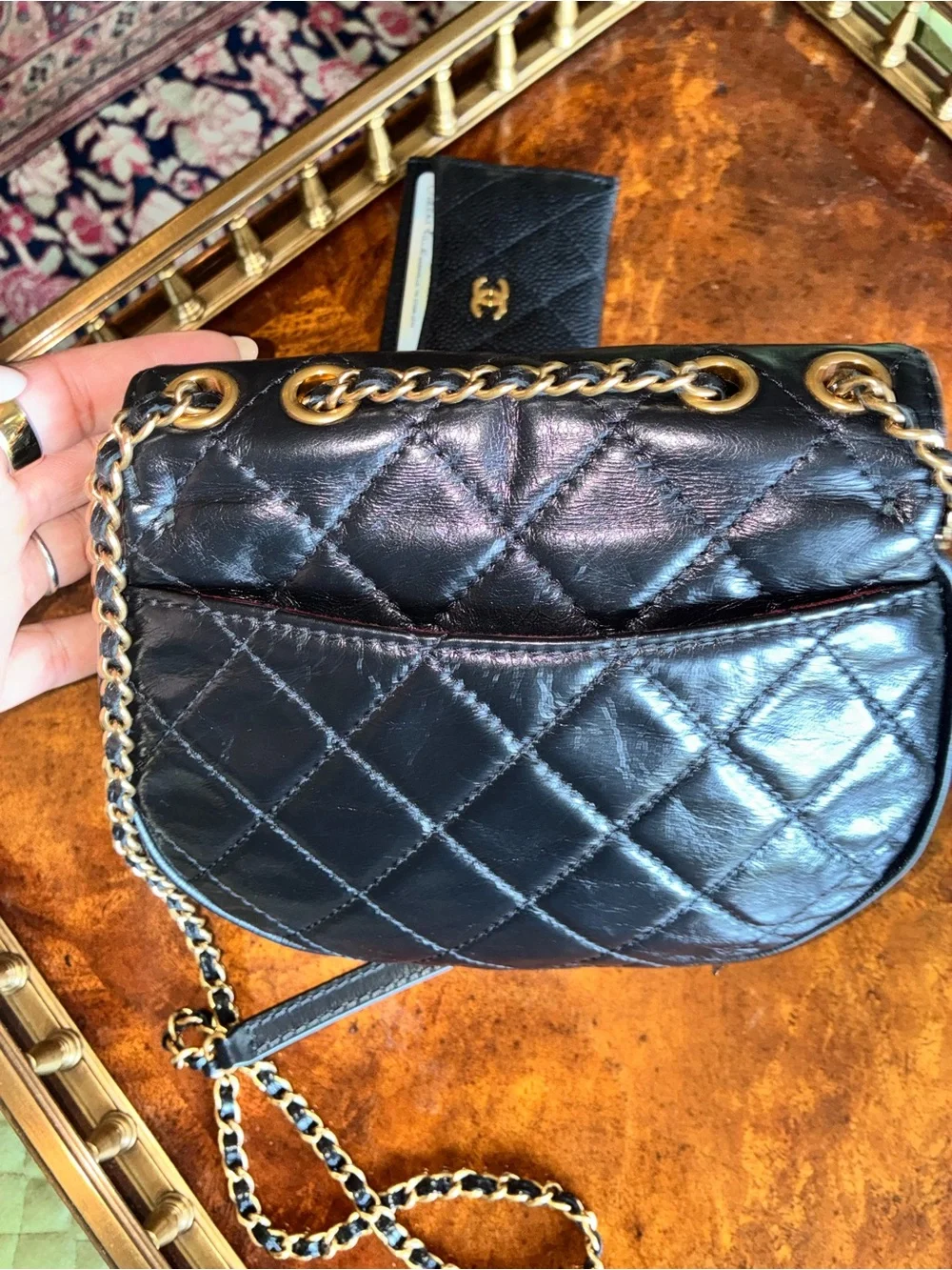 Chanel Black Quilted Glazed Lambskin Crossbody Bag with Aged Gold-Tone Hardware